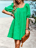 Momentlover Solid Color Jacquard Puff Sleeves Loose Square-neck Mini Dresses
