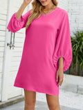 Momentlover Solid Color Ruffled Puff Sleeves Loose V-Neck Mini Dresses