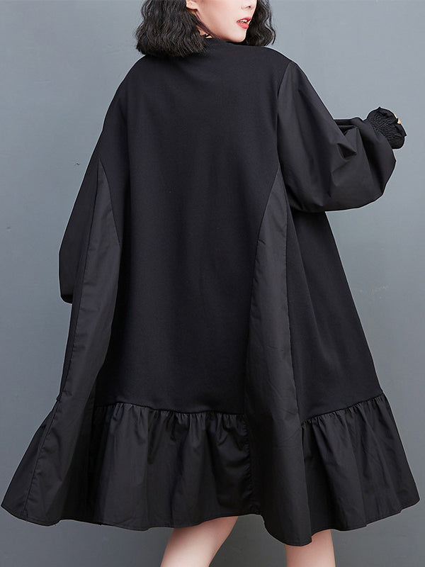 Momentlover Split-Joint Solid Color Pleated Puff Sleeves Loose Round-neck Midi Dresses