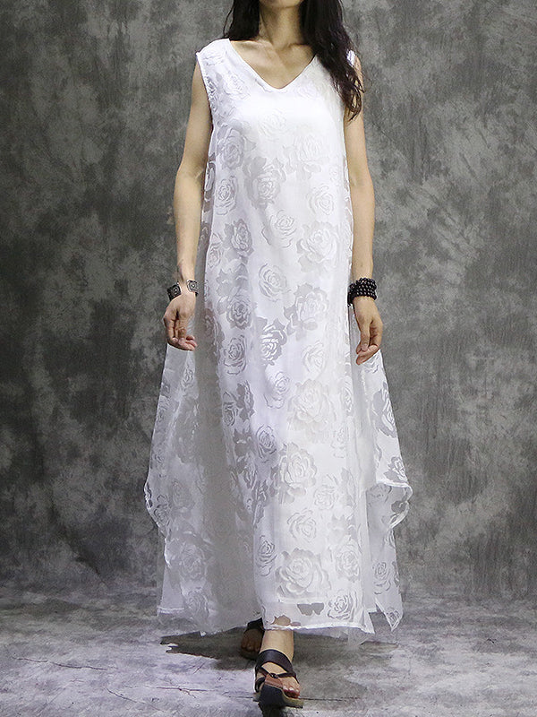 Momentlover Solid Color Flower Print Sleeveless Loose V-Neck Midi Dresses