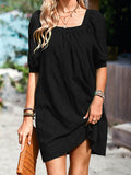 Momentlover Solid Color Jacquard Puff Sleeves Loose Square-neck Mini Dresses