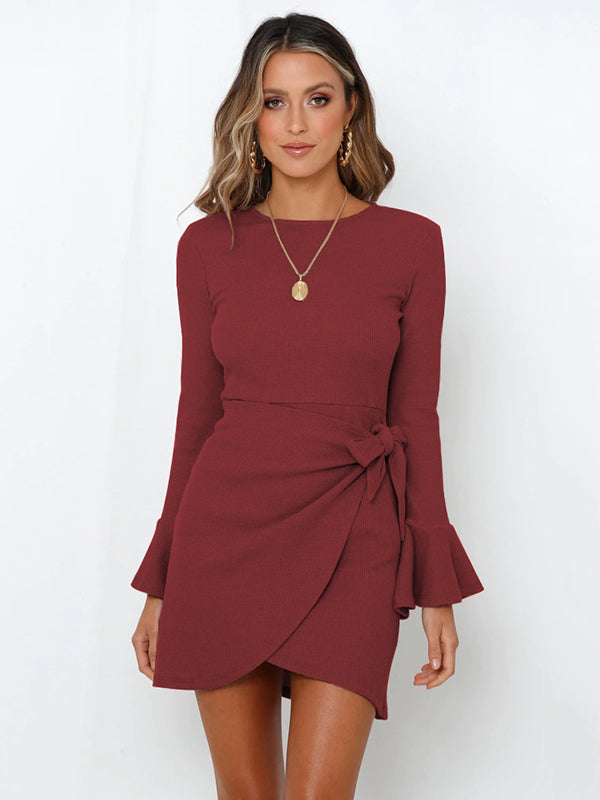 Momentlover Simple Long Sleeves Skinny Tied Falbala Solid Color Round-Neck Mini Dresses