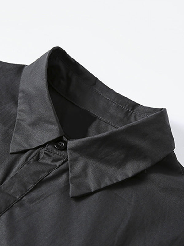 Momentlover Tied Waist Printed Drawstring Contrast Color Short Sleeves Loose Lapel Shirt Dress Midi Dresses