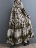 Momentlover Split-Joint Printed Pleated Loose Long Sleeves Stand Collar Midi Dresses