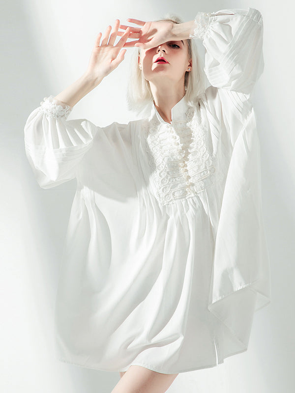 Momentlover Vacation Long Sleeves Puff Sleeves Embroidered Solid Color Stand Collar Mini Dresses