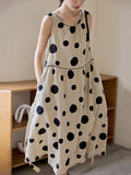 Momentlover Tied Waist Split-Joint Polka-Dot Pleated Contrast Color Sleeveless Loose Round-Neck Midi Dresses