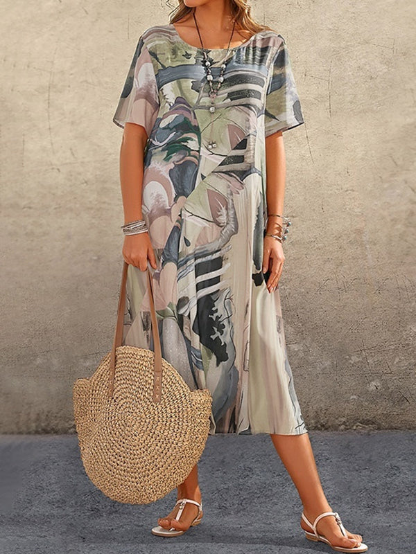 Momentlover Printed Short Sleeves Loose Round-Neck Midi Dresses