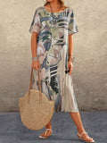Momentlover Printed Short Sleeves Loose Round-Neck Midi Dresses