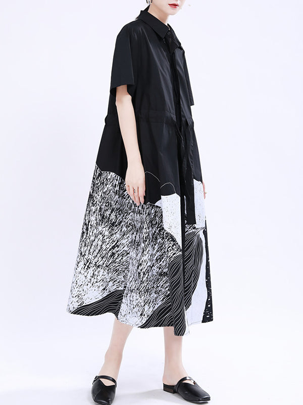 Momentlover Tied Waist Printed Drawstring Contrast Color Short Sleeves Loose Lapel Shirt Dress Midi Dresses