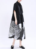 Momentlover Tied Waist Printed Drawstring Contrast Color Short Sleeves Loose Lapel Shirt Dress Midi Dresses