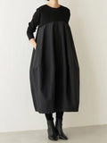 Momentlover Split-Joint Loose Long Sleeves Round-Neck Midi Dresses