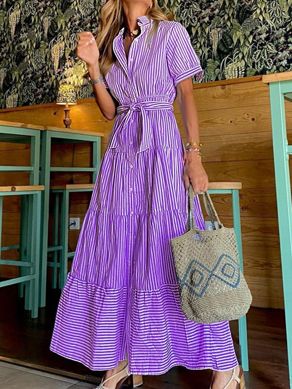 Momentlover Striped Short Sleeves Loose Lapel Maxi Dresses