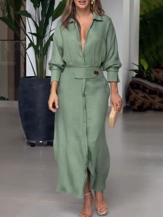 Momentlover Solid Color Long Sleeves Lapel Collar Maxi Dresses