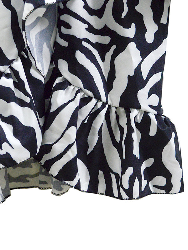 Momentlover Split-Joint Printed Pleated Contrast Color Loose Flared Sleeves V-Neck Mini Dresses