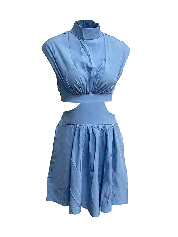 Momentlover Solid Color Pleated Belly-Hollow Skinny Stand Collar Mini Dresses