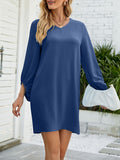 Momentlover Solid Color Ruffled Puff Sleeves Loose V-Neck Mini Dresses