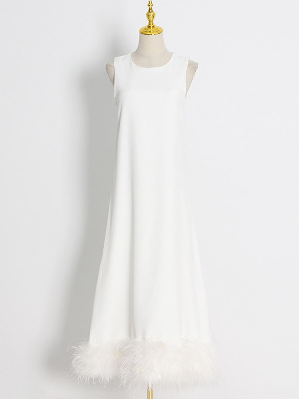 Momentlover Simple Sleeveless Loose Feathers Solid Color Midi Dresses