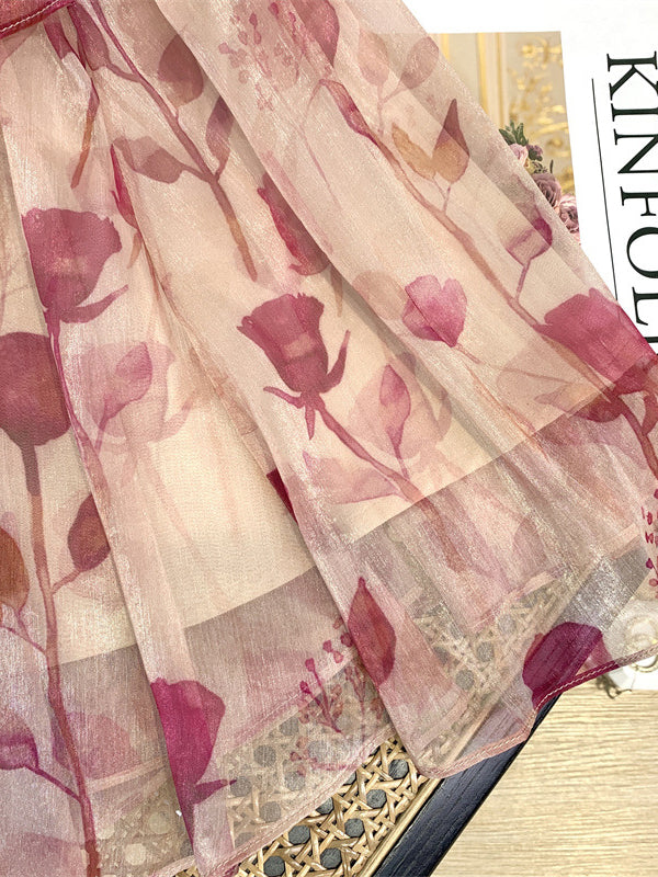 Momentlover Tiered Lace-Up Floral Printed Puff Sleeves Loose Cold Shoulder Mini Dresses