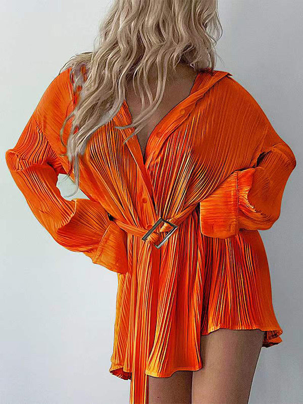 Momentlover Tied Waist Solid Color Pleated Buttoned Long Sleeves Lapel Shirt Dress Mini Dresses