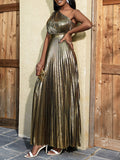 Momentlover Solid Color Shiny Pleated Asymmetric Sleeveless Plus Size One-shoulder Maxi Dresses