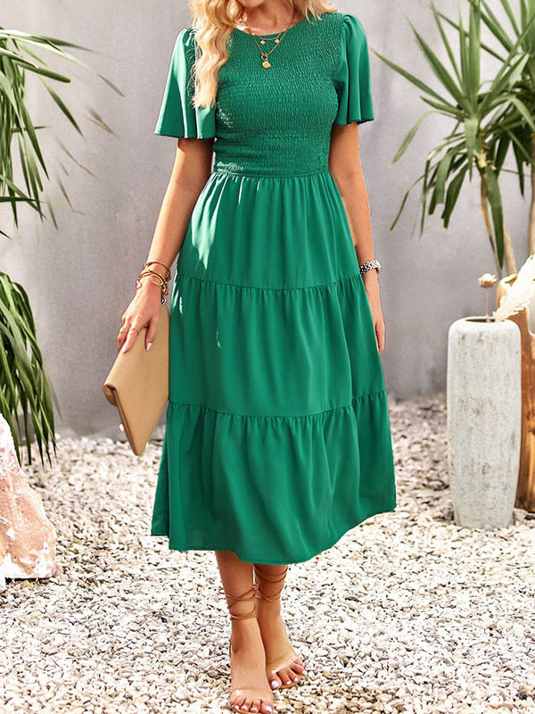 Momentlover Solid Color Elastics Short Sleeves Loose Round-neck Midi Dresses