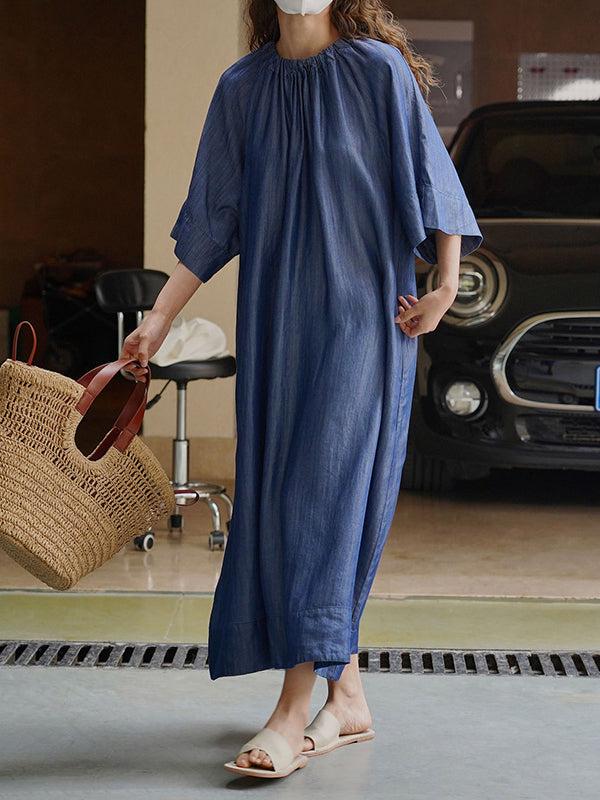 Momentlover Solid Color Pleated Lace-Up Drawstring Short Sleeves Raglan Sleeve Round-Neck Midi Dresses