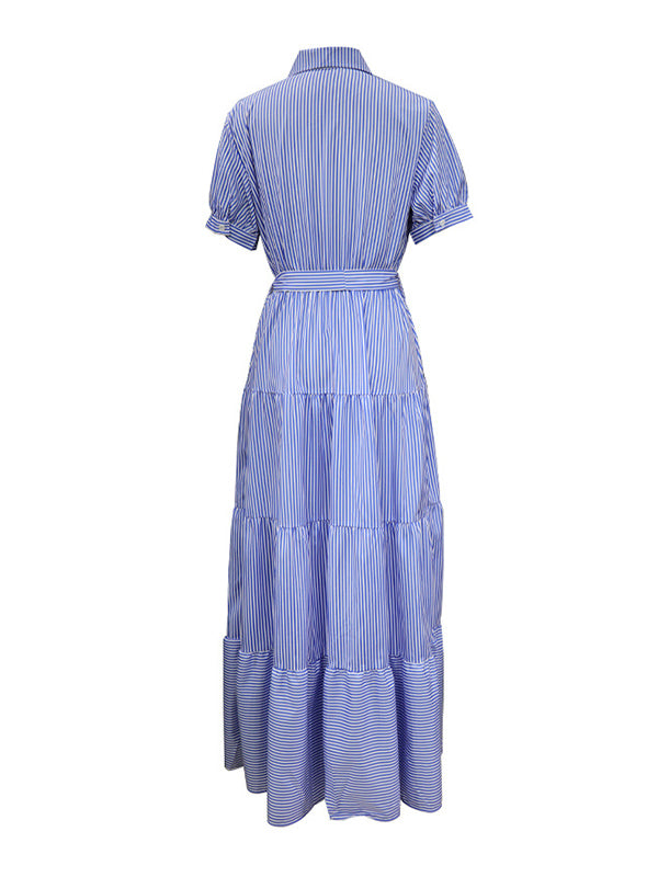 Momentlover Striped Short Sleeves Loose Lapel Maxi Dresses