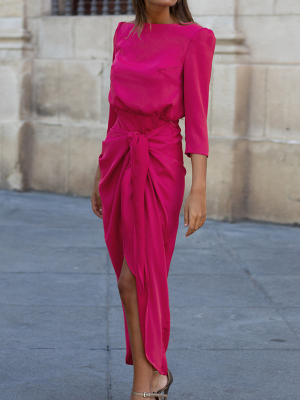 Momentlover Tied Waist Solid Color Pleated Three-Quarter Sleeves Loose Boat Neck Maxi Dresses