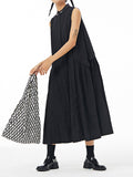 Momentlover Solid Color Pleated Sleeveless Loose Stand Collar Shirt Dress Midi Dresses