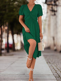 Momentlover Split-Joint Solid Color Pleated Knot Elasticity Short Sleeves Puff Sleeves V-neck Midi Dresses