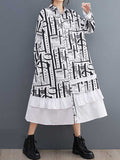 Momentlover Split-Joint Printed Buttoned Asymmetric Loose Long Sleeves Lapel Midi Dresses
