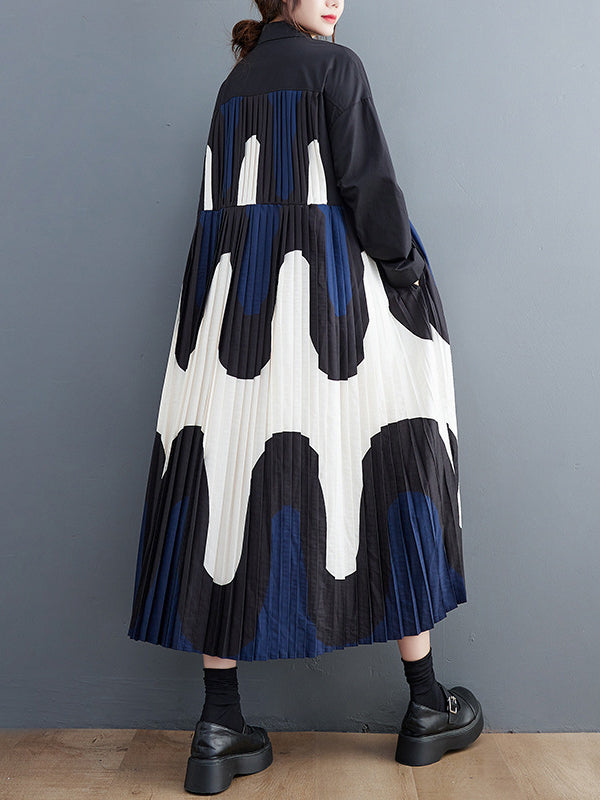 Momentlover Split-Joint Printing Pleated Contrast Color Loose Long Sleeves Polo Midi Dresses