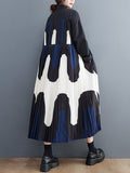Momentlover Split-Joint Printing Pleated Contrast Color Loose Long Sleeves Polo Midi Dresses