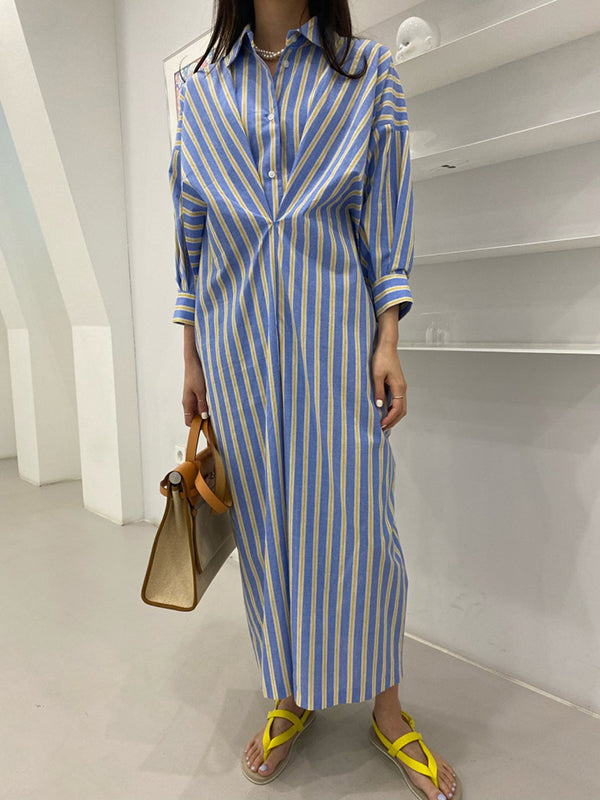 Momentlover Striped Pockets Contrast Color Buttoned Loose Long Sleeves Lapel Shirt Dress Midi Dresses