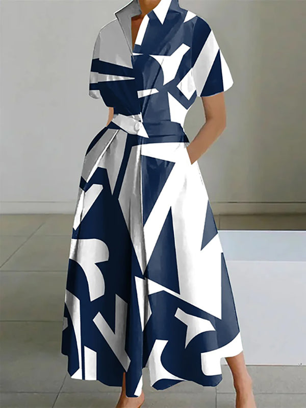 Momentlover Short Sleeves Printed Lapel Maxi Dresses