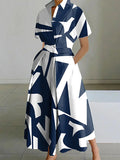 Momentlover Short Sleeves Printed Lapel Maxi Dresses