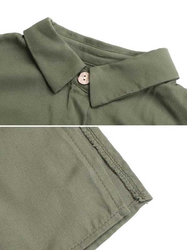 Momentlover Solid Color Ribbed Short Sleeves Loose Lapel Midi Dresses