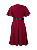 Momentlover Solid Color Belted Puff Sleeves Plus Size Round-neck Midi Dresses