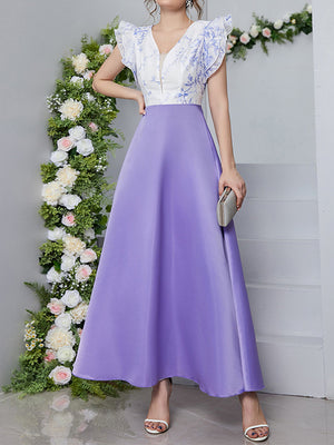 Momentlover Split-Joint Printed Petal Sleeves High Waisted Deep V-Neck Maxi Dresses