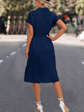 Momentlover Tied Waist Solid Color Buttoned Short Sleeves High Waisted Lapel Collar Shirt Dress Midi Dresses