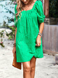 Momentlover Solid Color Jacquard Puff Sleeves Loose Square-neck Mini Dresses