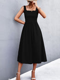 Momentlover Split-Joint Solid Color Pleated Sleeveless High Waisted U-Neck Midi Dresses