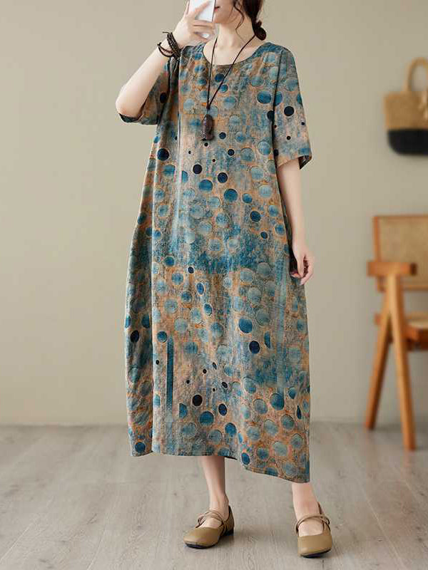 Momentlover Printed Polka-Dot Contrast Color Loose Half Sleeves Round-Neck Midi Dresses