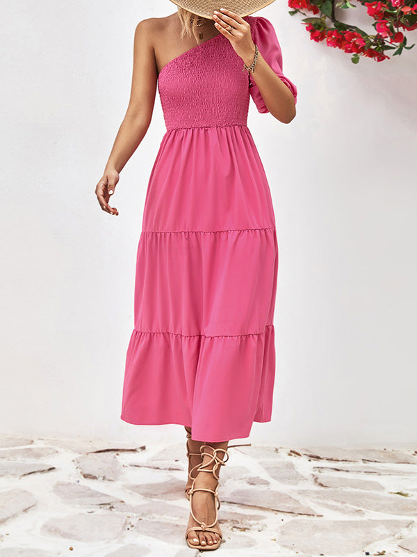 Momentlover Solid Color Puff Sleeves Loose One-Shoulder Midi Dresses