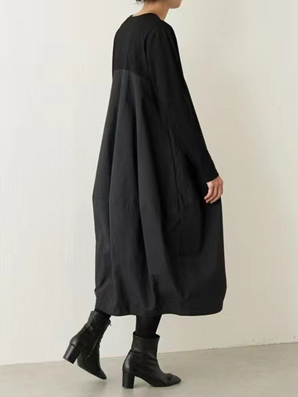 Momentlover Split-Joint Loose Long Sleeves Round-Neck Midi Dresses