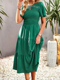 Momentlover Solid Color Elastics Short Sleeves Loose Round-neck Midi Dresses