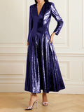 Momentlover Solid Color Sequined Long Sleeves A-line V-neck Maxi Dresses