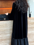 Momentlover Velvet Split-Joint Ruffled Pleated Contrast Color Loose Long Sleeves Round-Neck Midi Dresses