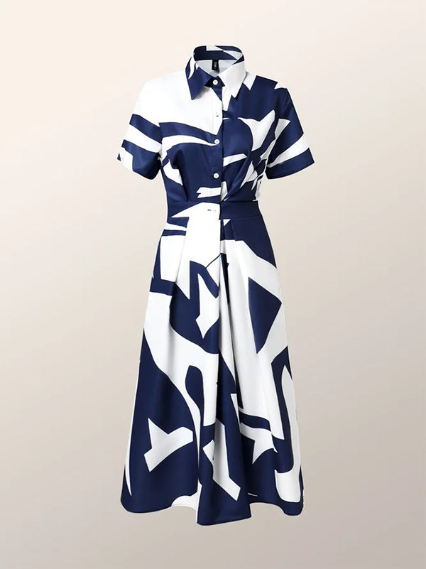 Momentlover Short Sleeves Printed Lapel Maxi Dresses