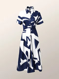 Momentlover Short Sleeves Printed Lapel Maxi Dresses